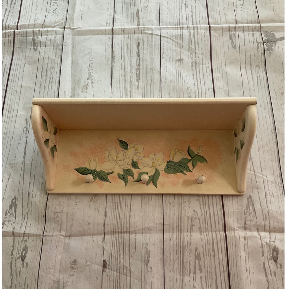 Vintage Hand Painted Wood Wall Shelf Magnolia Floral 4 Pegs Cream Cottagecore